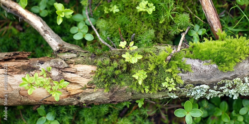 A moss covered log with green plants growing on it. The moss is covering the log in a thick layer, giving it a natural and organic appearance A moss covered log with green plants growing on it. The moss is covering the log in a thick layer, giving it a natural and organic appearance