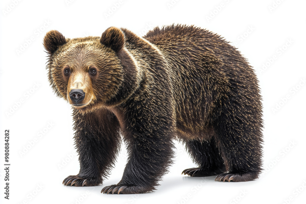 Obraz premium A majestic bear stands confidently on white isolated background, showcasing its thick fur and powerful build. This image captures essence of wildlife and natures beauty