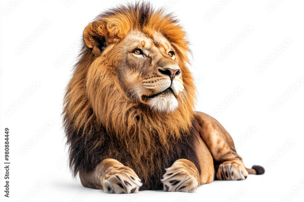 Majestic lion with thick mane resting gracefully on white background, showcasing its powerful presence and regal demeanor. lions expressive gaze reflects strength and nobility Majestic lion with thick mane resting gracefully on white background, showcasing its powerful presence and regal demeanor. lions expressive gaze reflects strength and nobility
