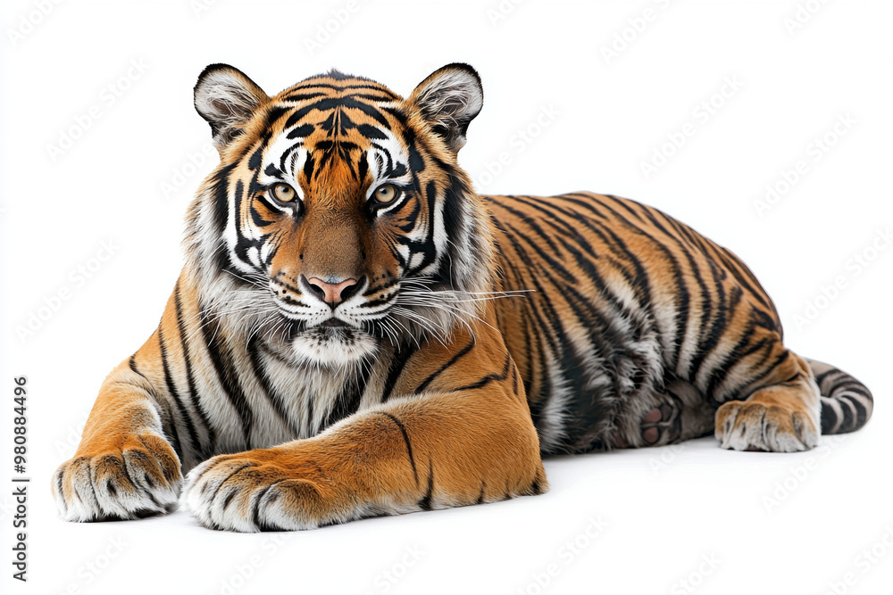 Fototapeta premium A majestic tiger rests gracefully on white background, showcasing its striking orange and black stripes. Its intense gaze and powerful presence evoke sense of awe and admiration