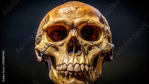 Fossilized skull of ancient human ancestor with pronounced forehead, robust jaw, and primitive facial features,