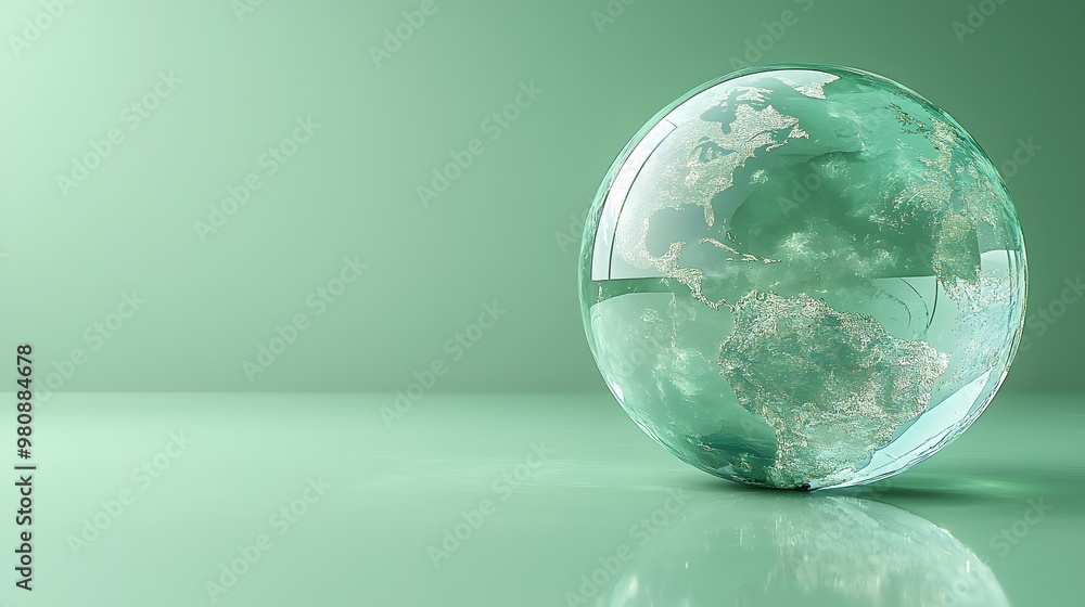 Earth inside a clear glass ball rests on the bottom-left of a pastel green background, with a spacious right side in a simple and soft 3D rendering Earth inside a clear glass ball rests on the bottom-left of a pastel green background, with a spacious right side in a simple and soft 3D rendering