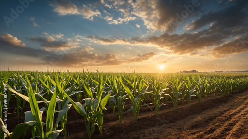 Golden corn stalks stretch toward the morning sky, their lush green leaves rustling gently in the early light, promising a rich and bountiful harvest ahead