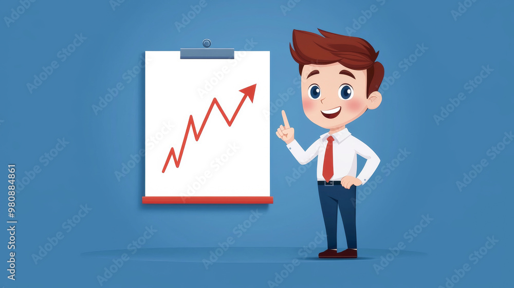 A cheerful cartoon character presents a growing graph on a clipboard, symbolizing success and progress in business. A cheerful cartoon character presents a growing graph on a clipboard, symbolizing success and progress in business.