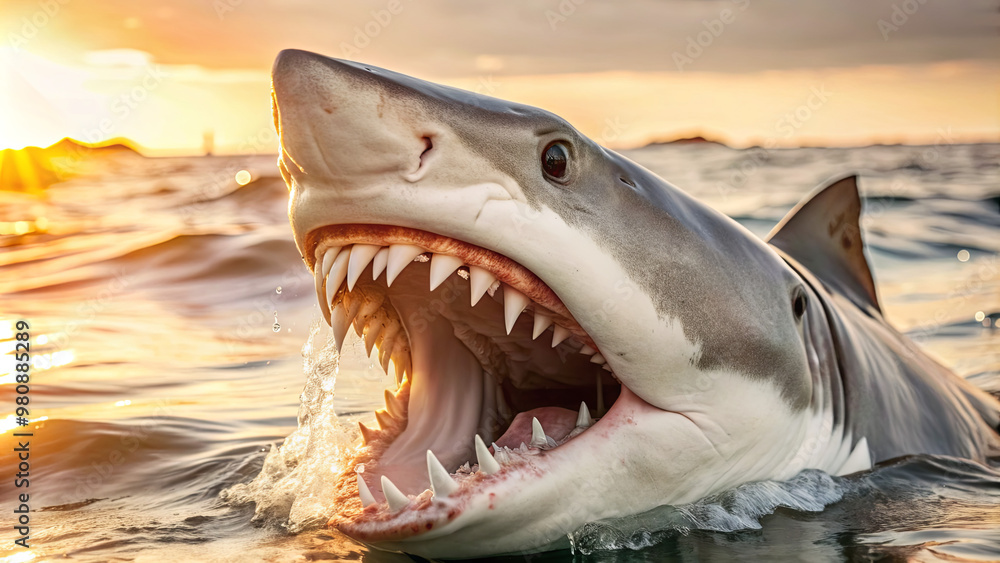 Naklejka premium A great white shark surfaces dramatically, mouth wide open, revealing sharp teeth against a stunning sunset backdrop over the ocean. The scene captures the raw power of this apex predator