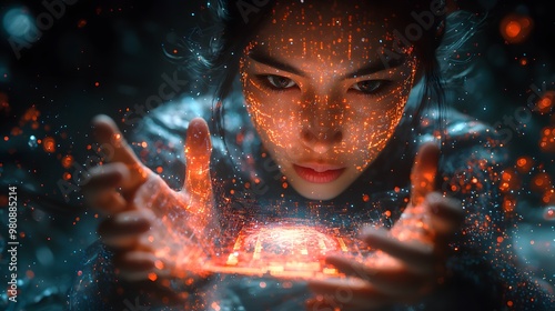 Cyber-themed 3D design focused on a hacker's hands and a close-up screen, hacking into the mind, with dynamic data streams and a futuristic aesthetic