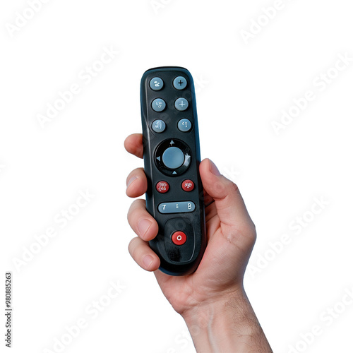 A hand holding remote isolated on transparent background, PNG file
