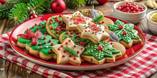 Freshly baked assorted Christmas cookies, decorated with festive sprinkles and icing, arranged on a ceramic plate with photo