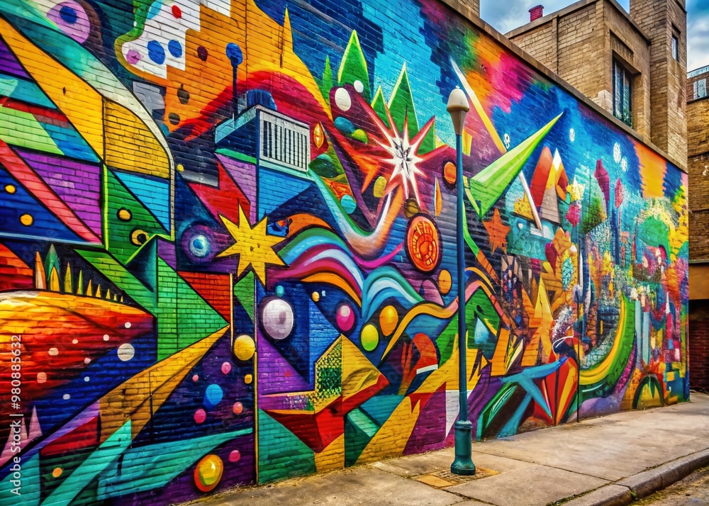 Obraz premium Vibrant graffiti art featuring colorful abstract shapes and urban patterns splashed across a city wall, conveying creativity and rebellious energy.