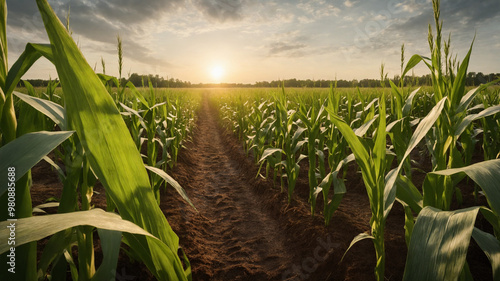 As the sun rises, the field of corn comes alive, with tall, vibrant stalks standing proud, their ears nestled among the broad green leaves, bathed in the fresh morning glow