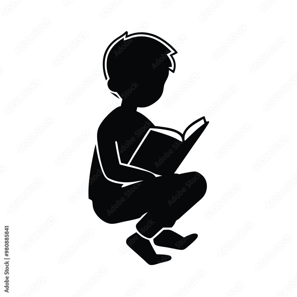 a boy reading a book sitting on the floor silhouette, vector black color silhouette, isolated white background a boy reading a book sitting on the floor silhouette, vector black color silhouette, isolated white background