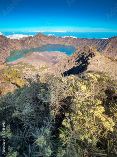Panorama Mount Rinjani in beautiful sunrise (Gunung Rinjani) is an active volcano in Indonesia on the island of Lombok.