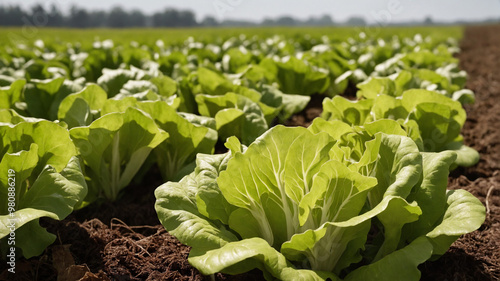 As the early light touches the earth, the lettuce field awakens, with tender green leaves unfurling under the first rays of a cool, peaceful morning