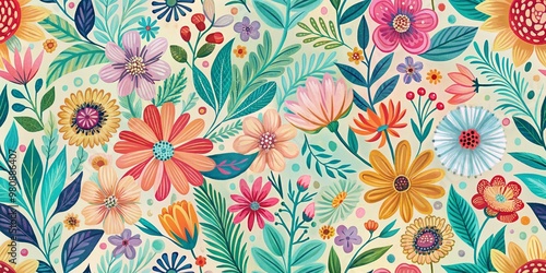 Vibrant abstract floral pattern featuring hand-drawn flowers and leaves in pastel hues, reminiscent of vintage acrylic painting, perfect for spring-inspired print designs.