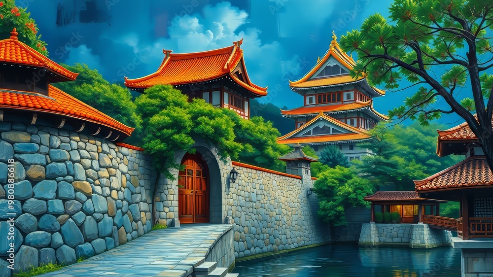 Obraz premium Ancient stone walls and rust-orange tiled roofs contrast against lush green foliage, majestic wooden gates and majestic