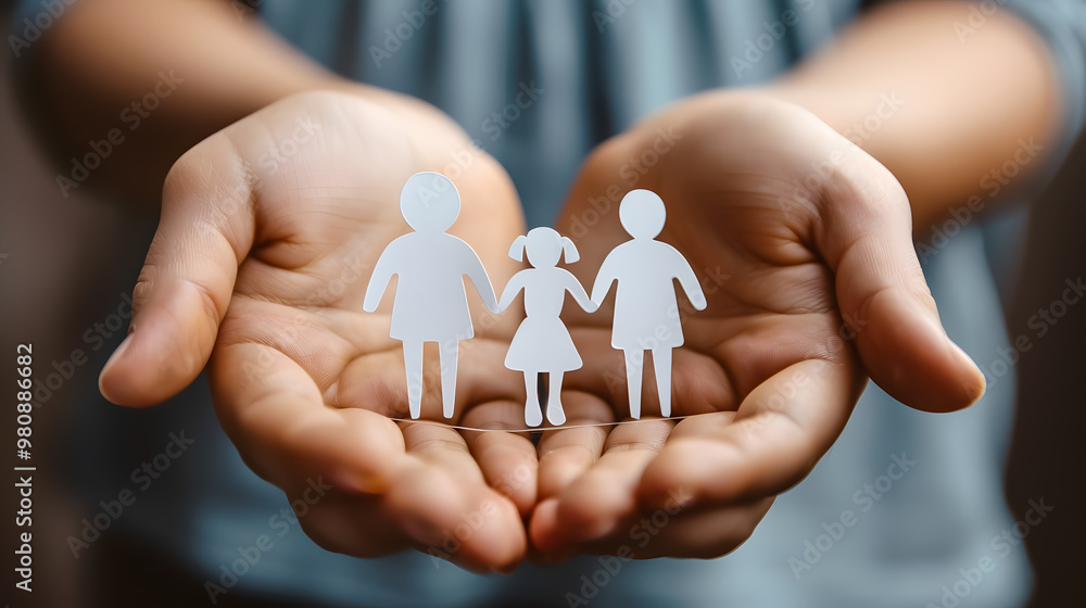 Adult and children�s hands holding a paper family cutout, representing family home, foster care, homeless charity support, family mental health, and budgeting during recession concepts Adult and children�s hands holding a paper family cutout, representing family home, foster care, homeless charity support, family mental health, and budgeting during recession concepts