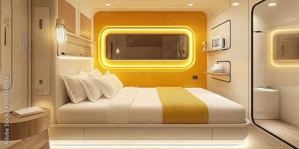 luxury deluxe yellow and ivory capsule hotel room with elegant wall and complete facilities luxury deluxe yellow and ivory capsule hotel room with elegant wall and complete facilities