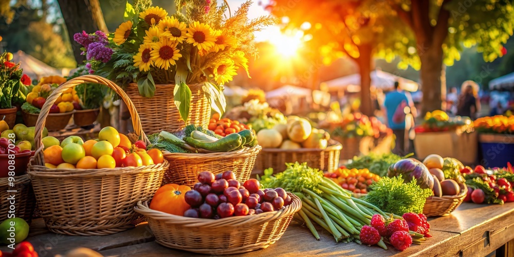 Vibrant farmers' market scene at dawn, with baskets overflowing with fresh fruits, vegetables, and flowers, bathed in warm golden light and soft morning shadows. Vibrant farmers' market scene at dawn, with baskets overflowing with fresh fruits, vegetables, and flowers, bathed in warm golden light and soft morning shadows.