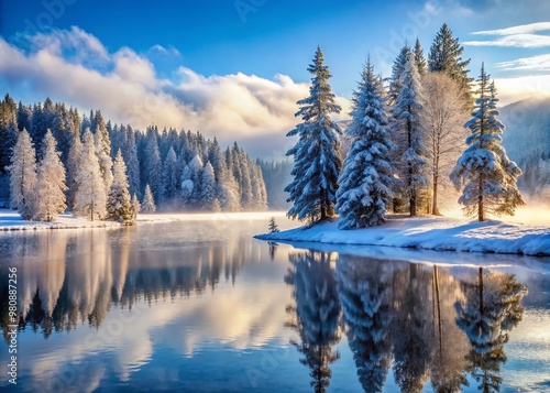 Frosty winter morning landscape with frozen pine trees, snow-covered hills, and mist rising from a serene icy lake, photo