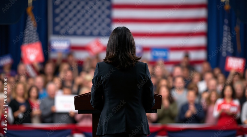 Woman U.S Presidential Candidate Delivering a Speech, A female U.S election candidate stands at a podium, giving speech to a crowd, with American flags and campaign banners behind her. Woman U.S Presidential Candidate Delivering a Speech, A female U.S election candidate stands at a podium, giving speech to a crowd, with American flags and campaign banners behind her.