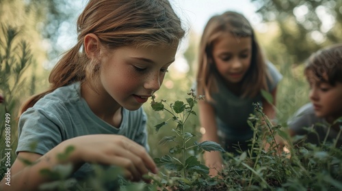 Children in nature, outdoor education with a teacher teaching them about plants and wildlife. Kids doing garden work together. A group of school children looking at leaves while having fun on a summer