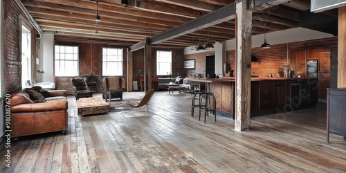 Wallpaper Mural Spacious industrial-style living area with wooden floors and exposed brick walls. Torontodigital.ca