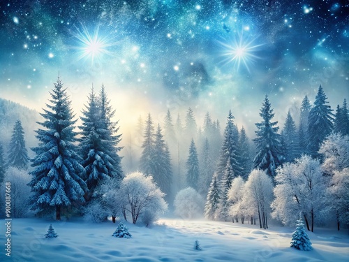 Frozen winter wonderland scene with snowflakes gently falling on a serene forest landscape, trees heavily laden with photo