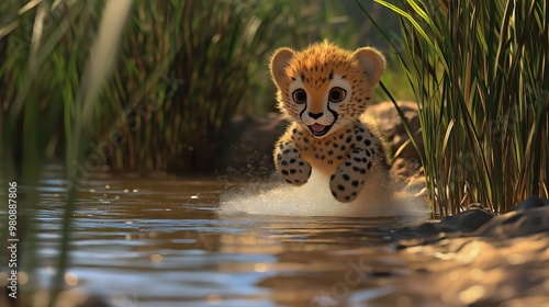 illustration of a cute baby cheetah playing near a watering hole surrounded by tall grass