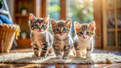 Cute kittens amusingly investigate their surroundings within a comfortable indoor environment. photo