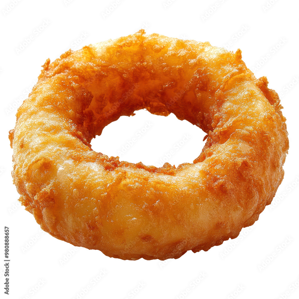 2. A perfectly fried onion ring with a crunchy coating, isolated on white, showcasing its circular shape and golden hue 2. A perfectly fried onion ring with a crunchy coating, isolated on white, showcasing its circular shape and golden hue