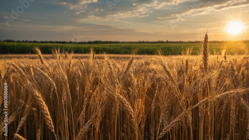 The morning sun casts a warm, golden hue over the waving wheat, each stalk reaching toward the sky, a testament to the quiet beauty of a new day