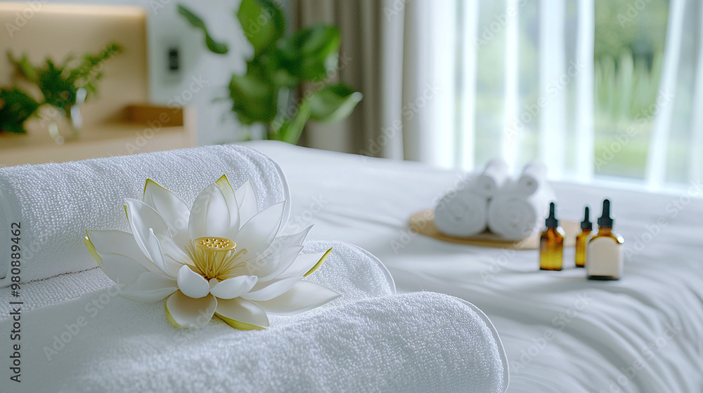 a luxury hotel bed featuring a towel art lotus flower, surrounded by aromatic essential oils and a meditation cushion a luxury hotel bed featuring a towel art lotus flower, surrounded by aromatic essential oils and a meditation cushion