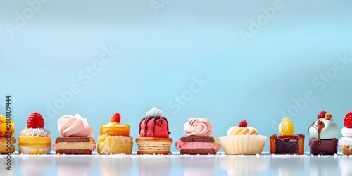 Colorful Assortment of Petit Fours Showcased on Airy Sky Blue Surface with High Key Lighting