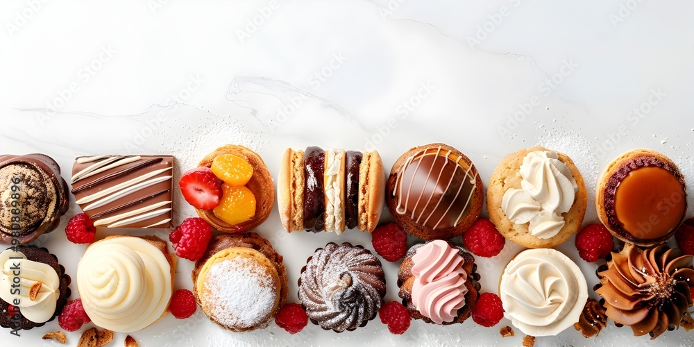 Exquisite Dessert Display Artfully Composed Pastries and Confections on White Background Exquisite Dessert Display Artfully Composed Pastries and Confections on White Background