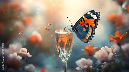 Dapper butterfly sipping nectar from champagne flute.