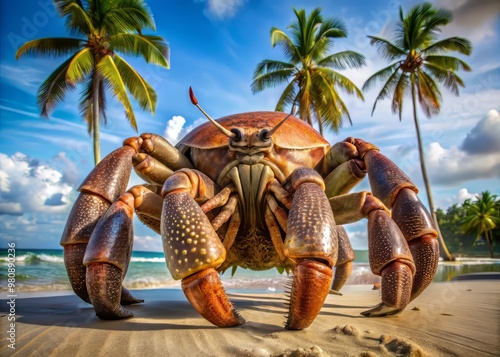 Gigantic coconut crab towers on the sandy beach, its oversized pincers flexed and ready, a sight to behold. photo