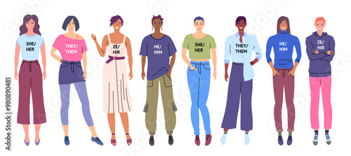 Cartoon Color Characters People and Gender Pronouns LGBTQ Community Gender Neutral Movement Concept Flat Design Style. Vector illustration