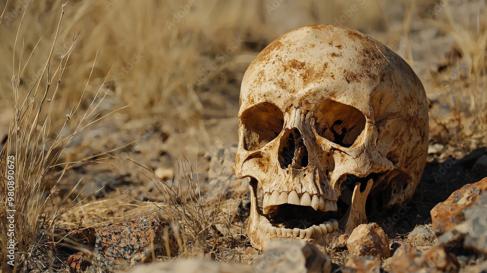 Skull in a desert landscape, sun-bleached bones, harsh environment Skull in a desert landscape, sun-bleached bones, harsh environment