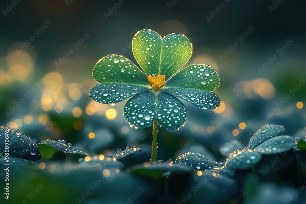 macro shot of a shimmering emerald fourleaf clover with water droplets emerging from a field of vibrant shamrocks macro shot of a shimmering emerald fourleaf clover with water droplets emerging from a field of vibrant shamrocks