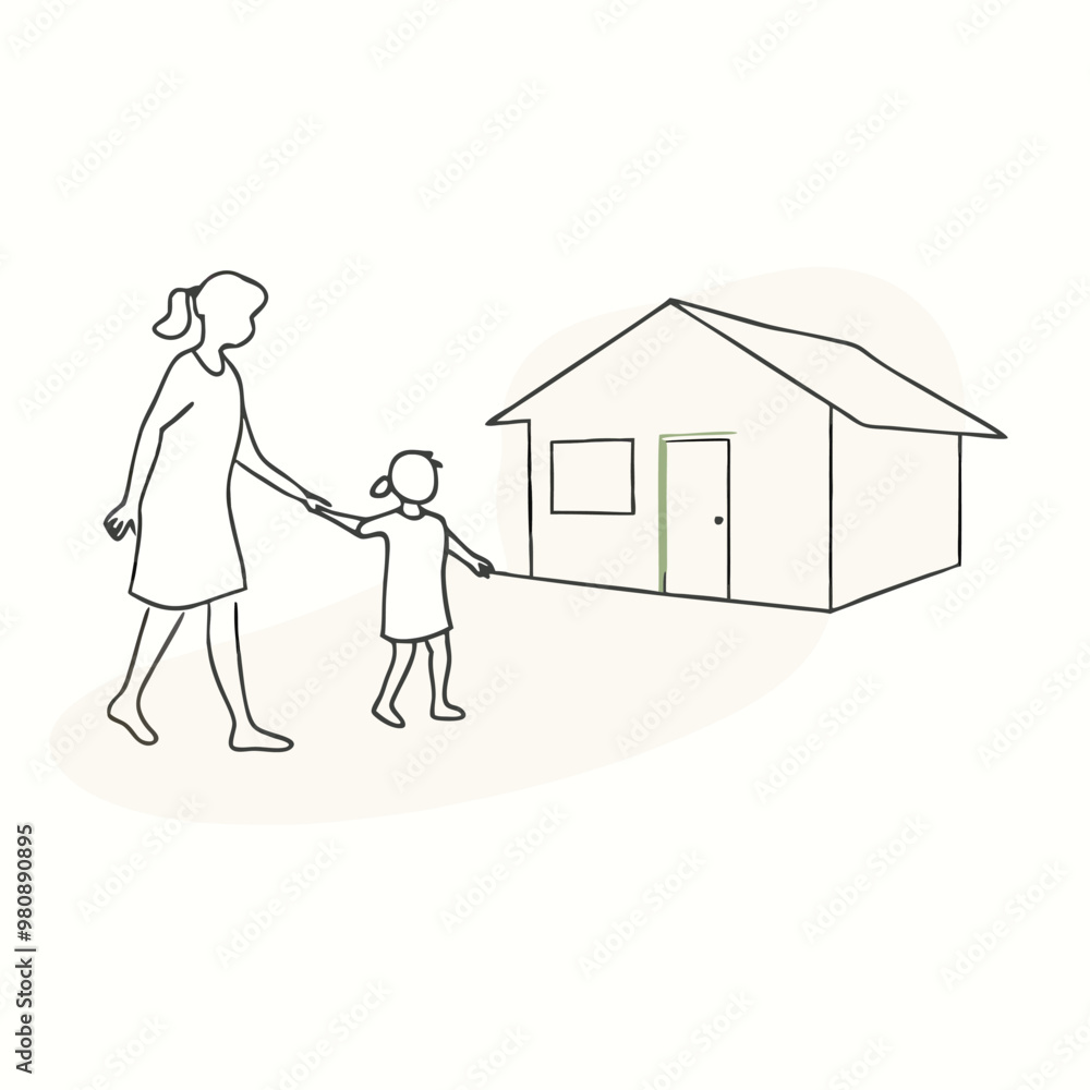 a Mother and daughter walking together to their house. vector art silhouette illustration, isolated white background a Mother and daughter walking together to their house. vector art silhouette illustration, isolated white background