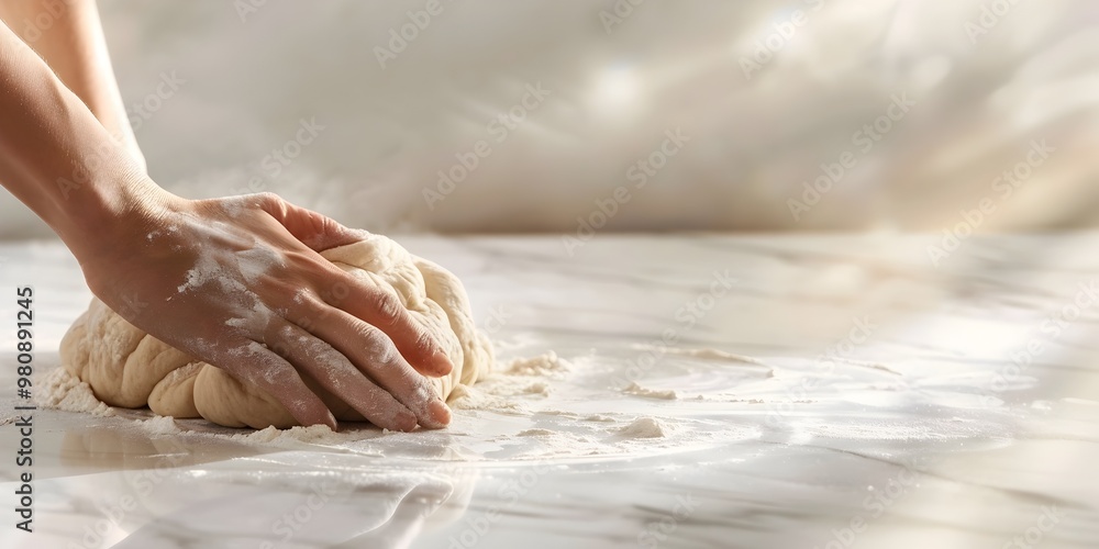 Fototapeta premium Skilled Hands Methodically Kneading Dough on Marble Countertop with Warm Backlight and Minimalist Aesthetic