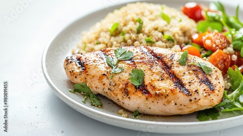 A plate of grilled chicken breast and quinoa with a clean white background and room for text above.