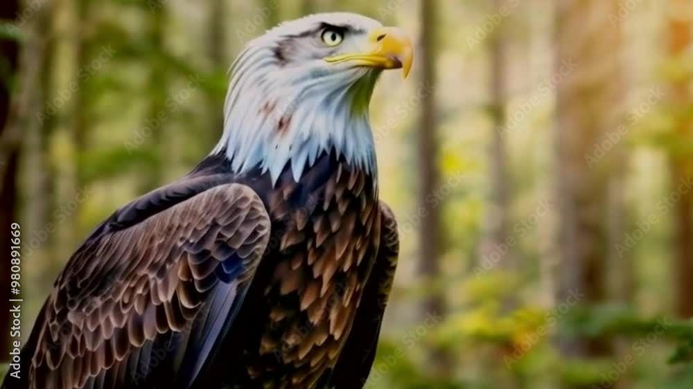 Majestic Eagle Soars Against a Soft Forest Backdrop Majestic Eagle Soars Against a Soft Forest Backdrop