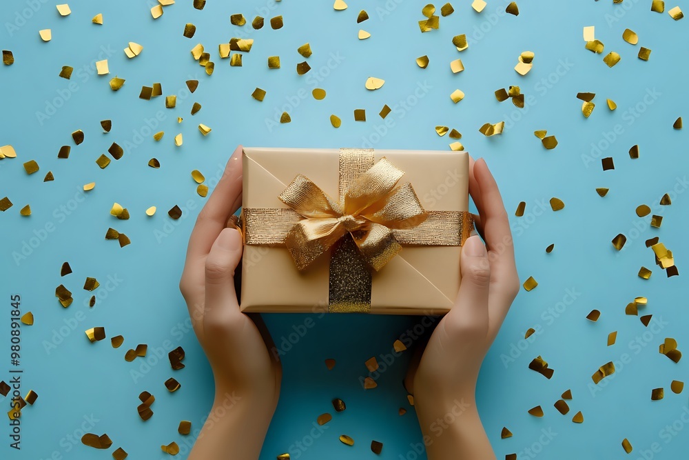A pair of hands holding a gold gift box with a gold bow on a blue background with gold confetti. A pair of hands holding a gold gift box with a gold bow on a blue background with gold confetti.
