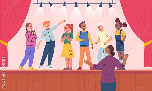 Cartoon Color Characters Children Singing In Choir On Stage and Musical Teacher Concept Flat Design Style. Vector illustration