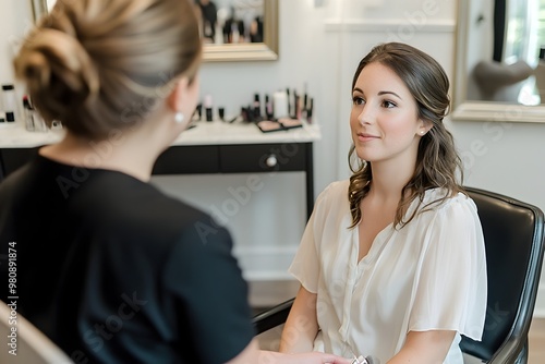 Bride Discussing Hair and Makeup Options with Wedding Stylist in Salon