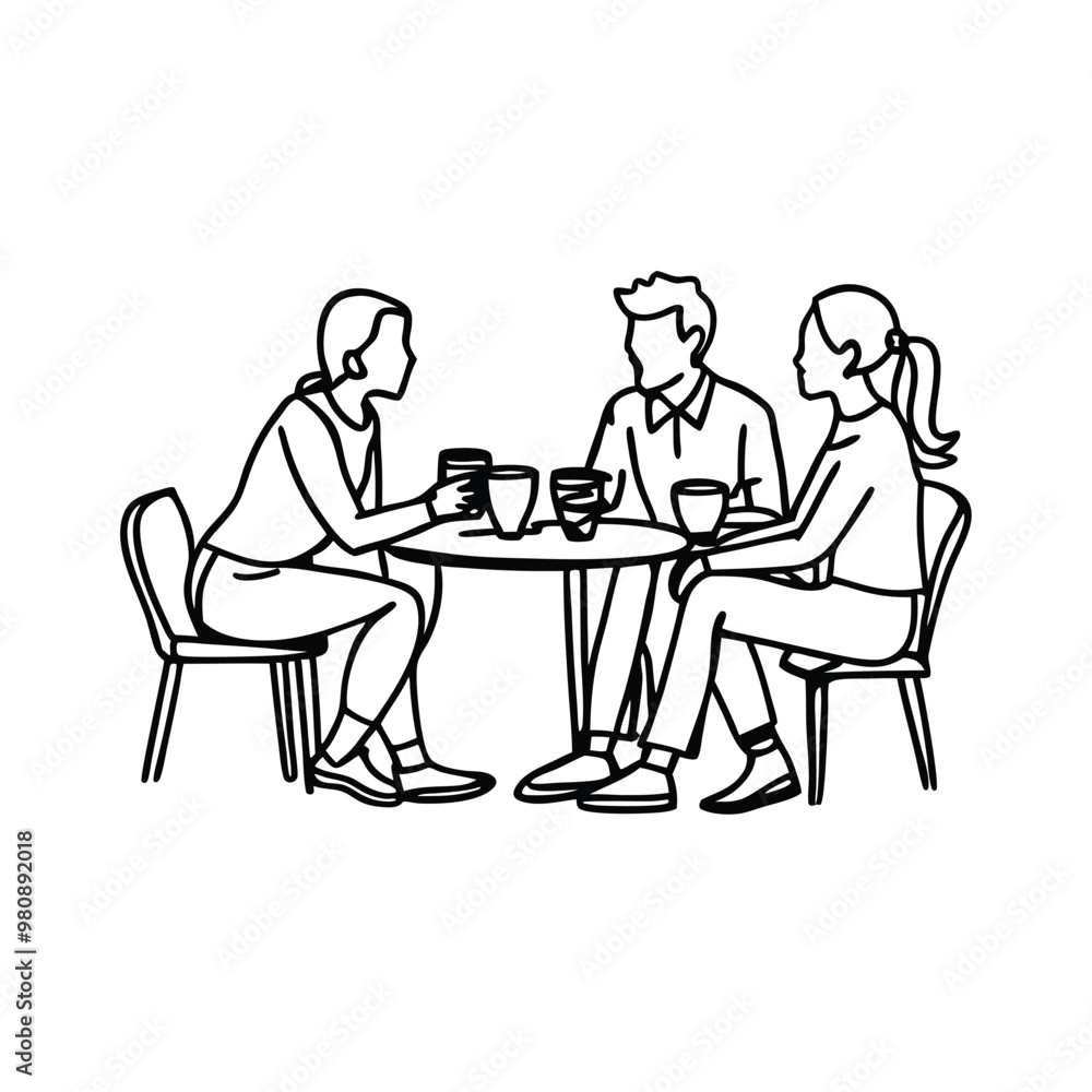 three friends talking and drinking coffee in a cafe, vector black color silhouette three friends talking and drinking coffee in a cafe, vector black color silhouette
