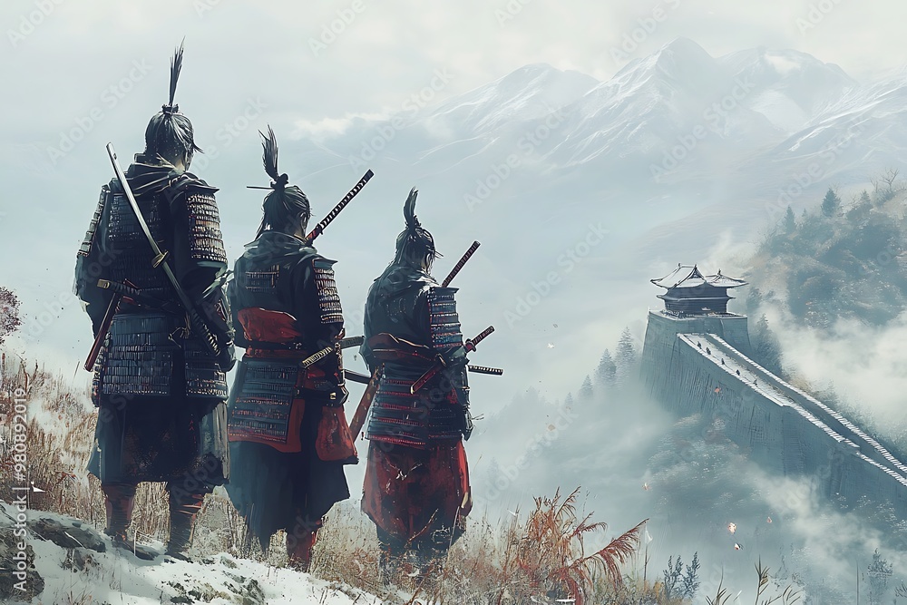 Naklejka premium Samurai Warriors Gaze Upon a Foggy Mountain Fortress.