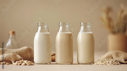 Milk bottles with different nut milks on beige surface