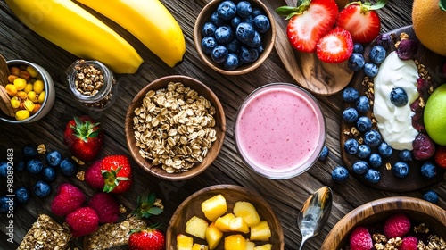 Delicious Healthy Breakfast Arrangement on Rustic Wooden Table